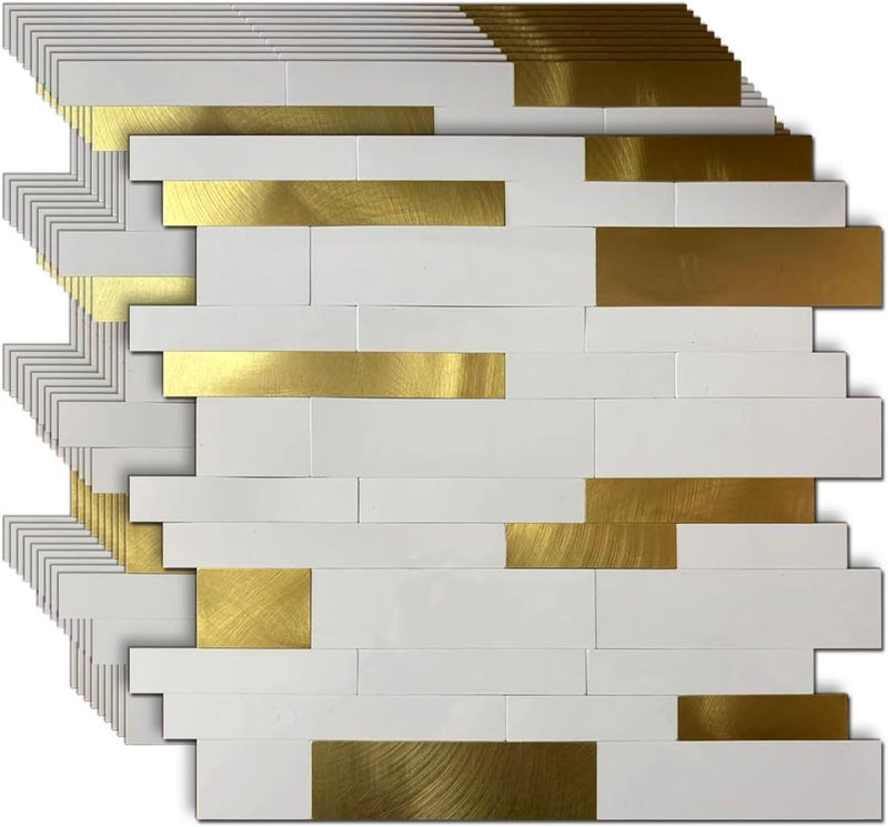 weimeisc 10-Sheet Peel and Stick Backsplash Tile, PVC Mixed Metal Stick on Backsplash Tiles for Kitchen (White +Frosted Golden) - Image 1